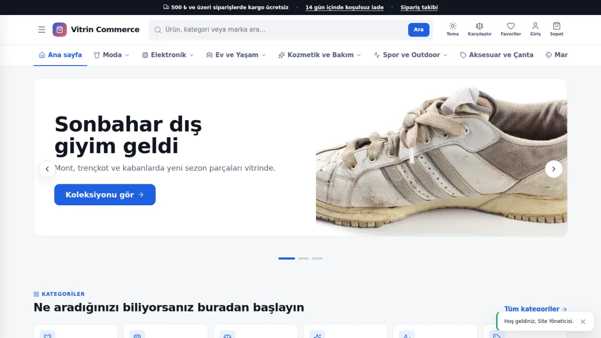 Vitrin Commerce — E-Ticaret Mağazası arayüzü